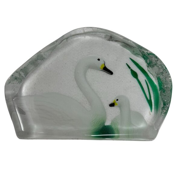 Glass Swan Cygnet Paper Weight Smooth Hand-Painted Green White Ice Block Thick - Picture 3 of 7